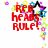 Pixelated red text reads "RED HEADS RULE!" on white background with scattered multicolored pixel clusters.