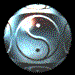 Six variations of a yin-yang symbol rendered as glossy, rounded shapes in blue, green, and pink hues against a black background.