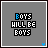 A 5x4 contact sheet of 18 animated frames showing a pixel art icon with the text "BOYS WILL EE BOYS" in varying rainbow colors and small colored hearts at the bottom, all on a gray background.