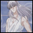 Anime character with long silver hair and white sleeveless top against light blue background, next to black with white text