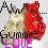 Pixelated static image with two stylized figures, text reading 'Aku' and 'Gummi', and a pink-purple gradient background.