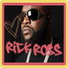 A static image shows a person wearing dark sunglasses and a black hoodie with white drawstrings, set against a dark background with red text reading 'RICK ROSS' below.