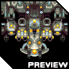 Pixel art of a symmetrical, multi-armed mechanical entity with glowing yellow and blue accents on dark gray metallic surfaces against black background.