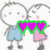 Two cartoon figures with gray stick-figure bodies stand side-by-side, one wearing blue shorts and the other pink dress, both holding green heart-shaped sunglasses over their faces.