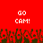 Red background with white pixelated text 'GO CAM!' repeated twice above a of dark green and red pixelated figures with raised arms