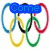 Olympic rings with overlaid text fragments forming 'Come To The Olympic Party!'