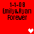 Red background displays four identical text blocks with two heart icons, each block reading '1-1-08 Emily&Ryan Forever' in pixelated font.