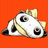 Pixelated cartoon panda with black and white fur, yellow accents, and a bow on orange background, next to black with white text