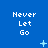 Blue background with repeated white text 'Never Let Go' in three , scattered light blue star and plus symbols, and small white dots