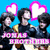 Three figures in black and gold outfits stand against a blue background with pink-outlined white hearts above them; text reads "JONAS BROTHERS" in pink and white.