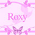 Pixelated pink icon with 'Roxy' text, butterflies, and floral elements on a light pink background.