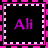 Four square display the text 'Ali' in varying shades of purple against black backgrounds, bordered by pink and white pixelated frames