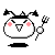 Pixelated character with white rounded body, black horns, pink cheeks, and a fork-like prop, shown in two states with different fork positions.