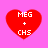 Four red heart shapes on a pink background, each containing white text reading MEG + CHS with varying pixelation levels.