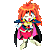 Pixel art animation of a character with orange hair and pink dress in three distinct poses against gray background.