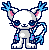 Pixel art cat-like creature with blue antlers, pink inner ears, and a curled tail in various poses.
