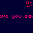 Red pixelated heart symbol above repeating pink text on dark blue background.