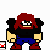 Pixel art character with red hair, black shirt, blue pants, and red boots in four variations showing different poses and text overlays.