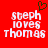 Red background with white pixelated text reading "steph loves thomas" and a black pixelated heart above the text on the left side.