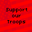 Red background with diagonal stripes and pixelated text reading "Support our Troops" in four identical