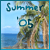 Pixelated summer scene with 'Summer' text above a beach, palm trees, and ocean under light blue sky.