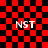 Red and black checkered background with four instances of white text 'NST' on a , some showing pixelated distortion effects