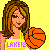 Pixelated cartoon-style icon of a female character with long brown hair wearing a yellow sports jersey holding an orange basketball against a solid yellow background.
