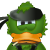 Pixelated green character with black eye patch, orange chest band, and dark gray headpiece against light gray background.