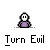 A 4x4 contact sheet of pixel art frames showing a character's transformation from neutral to devilish state with horns and flames, each frame labeled "Turn Evil" below.