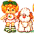 Pixelated cartoon character with orange hair and green beret holding a white dog-like creature, static single-frame image on transparent background.