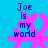 Blue background with pink star-like shapes and blue text reading "Joe is my world" in four identical