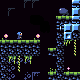 Pixel art scene with blue character on green platforms, dark background, and repeating vertical structures.