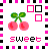 Pixelated cherry icon with pink fruit, green leaves, and 'sweet' text in a border of alternating black and pink squares.