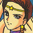 Pixelated anime-style character with brown hair, yellow headband, and purple garment against light background.