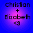 Four identical pixelated text-based icons arranged in a on blue background with purple gradient center, each displaying 'Christian + Elizabeth <3' in black font