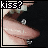 A pixelated close-up of a hand holding a small object with 'kiss?' text above it, shown in two color variations.