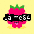 Pixelated pink raspberry with green leaves on yellow background, overlaid with black text "JaimeS4" and a smiling face.