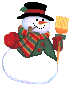 Pixelated snowman with black top hat, red-and-green striped scarf, and red mittens holding a yellow broom, smiling with carrot nose and coal eyes.