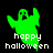 Green ghost icon with 'happy halloween' text, showing two color variations against black background.