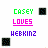 A 48x48 pixel animated contact sheet showing three frames of a buddy icon with text and color variations, featuring 'CASEY LOVES' in multiple styles across different colored backgrounds.