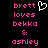 Pixelated text in pink and white on black background reads 'brett loves bekka & ashley' with a white heart symbol replacing the 'o' in 'loves'.