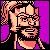 Pixelated character icon with pink and purple color scheme featuring a stylized face, glasses, and flowing hair against solid background.