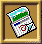 Pixelated icon of a tilted document with green header, blue line, and red circular symbol, framed in brown with white background