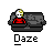 Pixel art of a character in red clothing sitting on a dark couch with 'Daze' text below, showing animation frames with changing sparkles above the character's head.