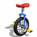 identical unicycles with blue frames, red seats, black tires, and yellow pedals on a white background