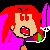 Pixelated cartoon character with red hair and purple top in four distinct expressions against pink background.