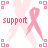 A static contact sheet of two identical animated frames featuring pink breast cancer awareness ribbons with the word "support" in pixelated text, surrounded by faint heart shapes and small square patterns on a white background.