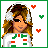 Pixelated 4-quadrant image with green and red borders, featuring a character with headphones, hearts, and text phrases.