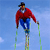 Pixelated static image of a person skiing against a blue sky background, wearing red jacket and blue pants with green ski poles.