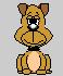 Pixelated cartoon dog with brown fur, black collar, and light pink chest sits against gray background; eyes alternate between open and closed states.